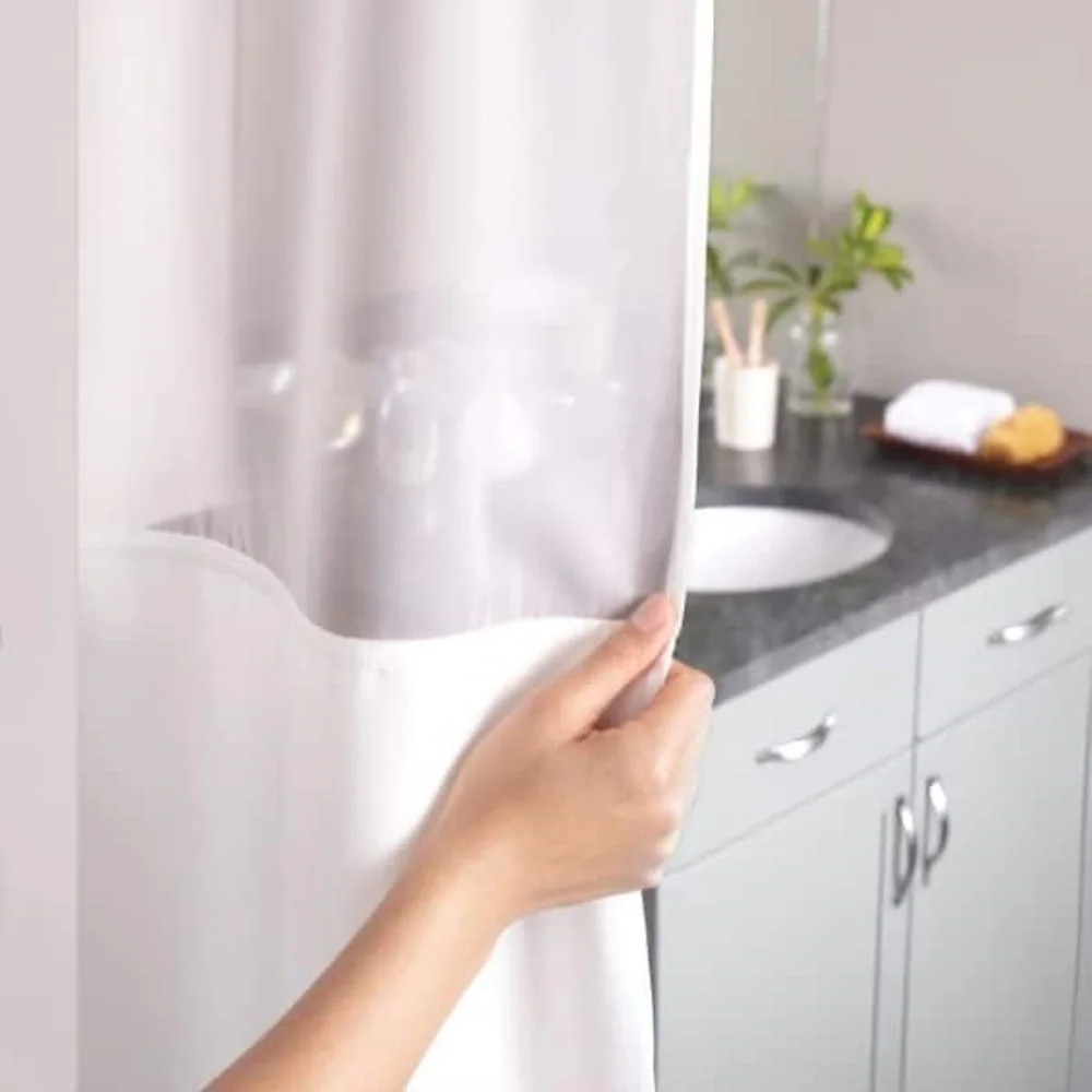 Hookless Waffle Stripe 2-in-1 Shower Curtain Sheer Top Window Flex-on Rings